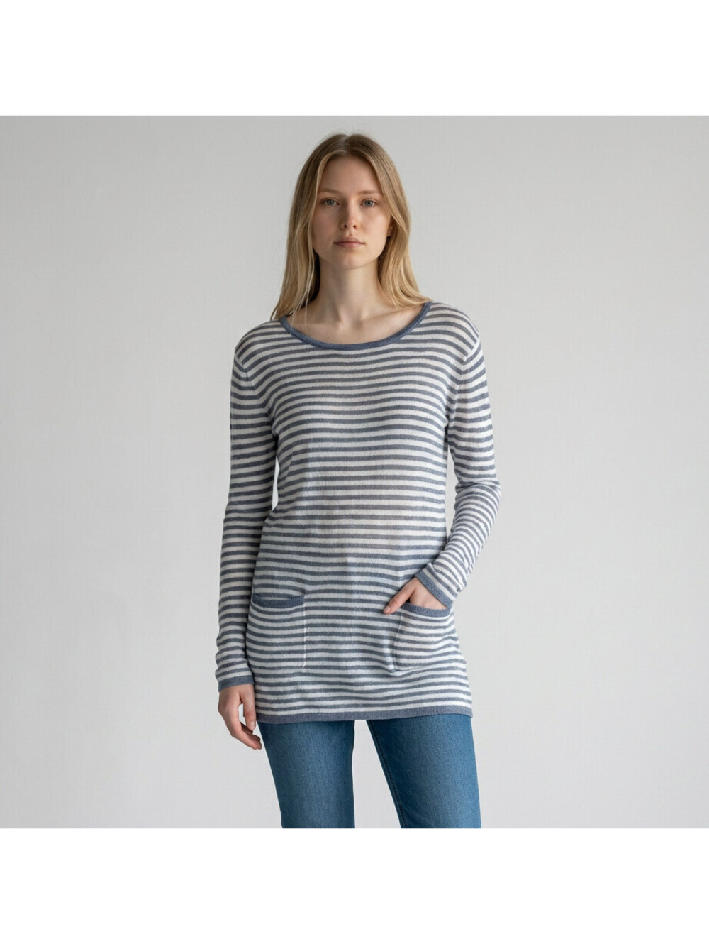 New Mango Tunic Top Women M Medium Blue Striped Long Sleeve Pockets Cotton